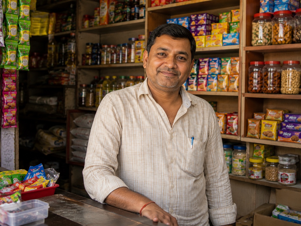 A kirana owner at the counter of their shop
