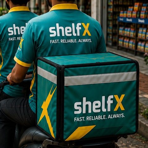 A ShelfX delivery executive on a scooter with a ShelfX delivery box, outside a neighbourhood shop