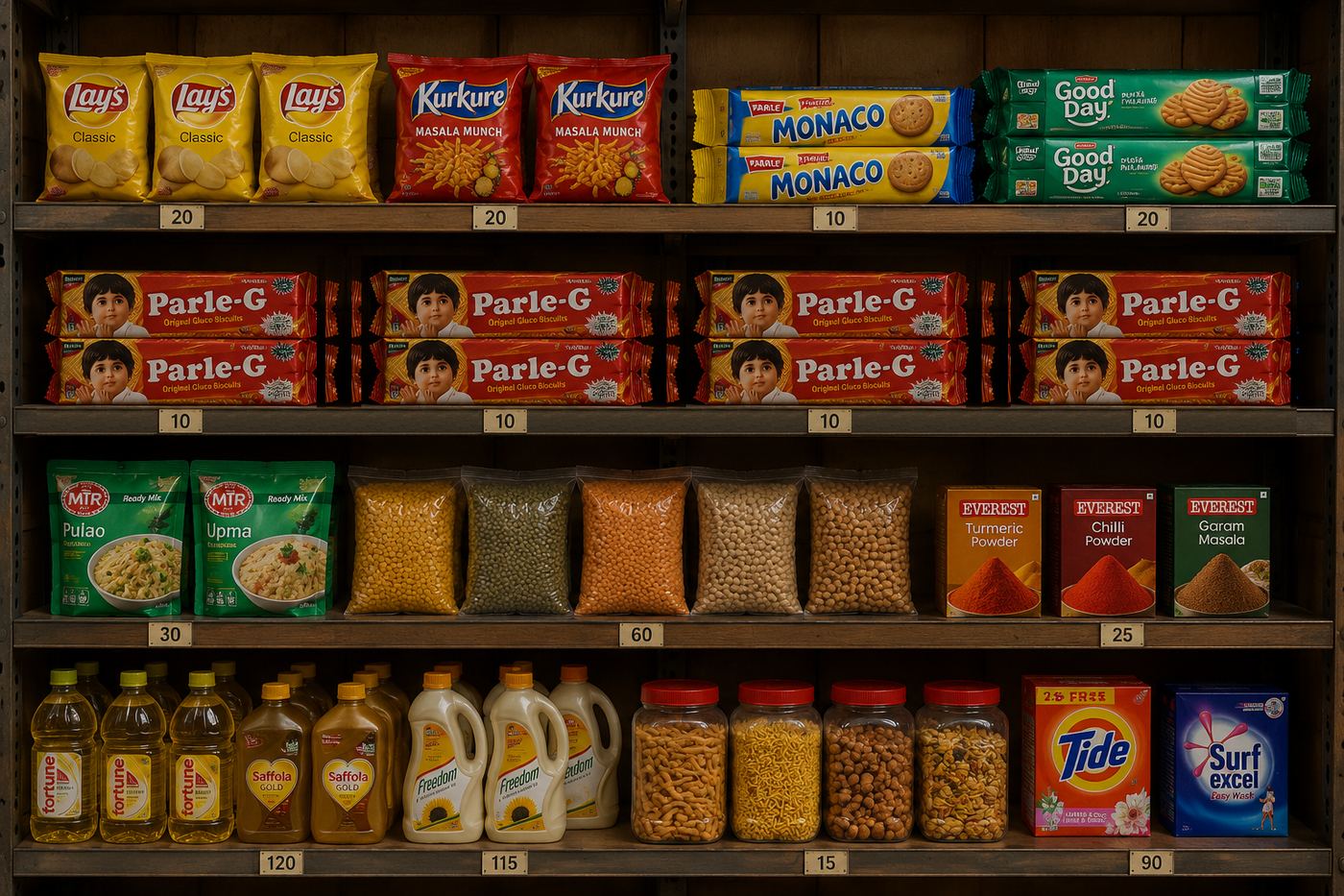 A neighbourhood shop shelf, with one full row given over to a single brand's product